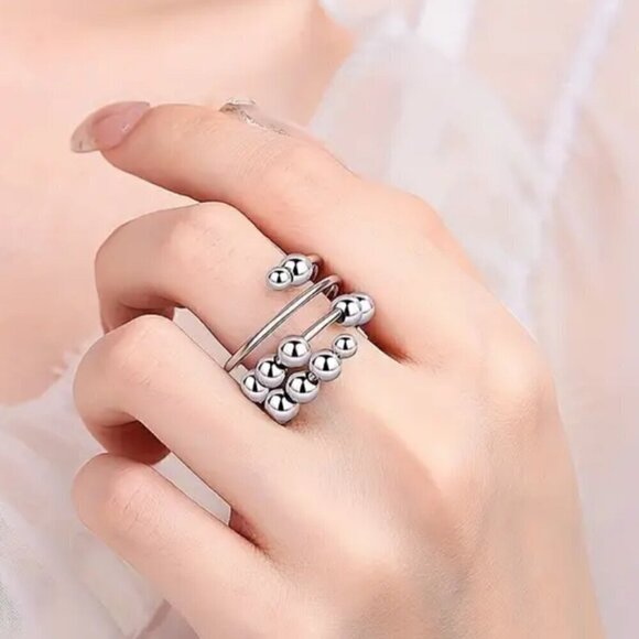 Boho Spiral Fidget and Anxiety Ring Floating Silver Tone Balls Adjustable #1362 - Picture 6 of 8